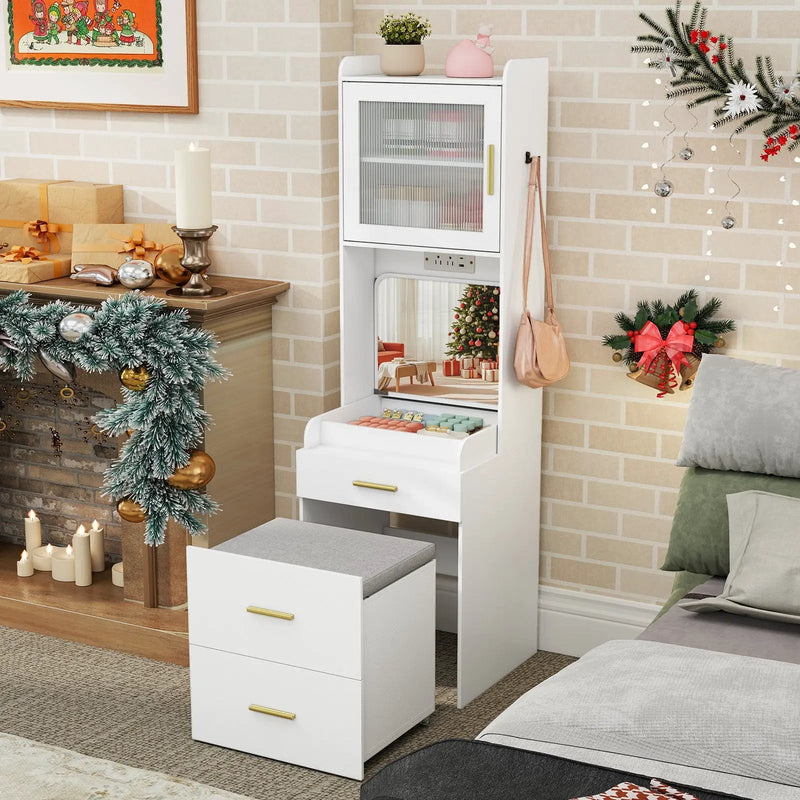 Makeup Vanity with Power Outlets and Flip-top Mirror and Storage Stool-White by DirectDeals