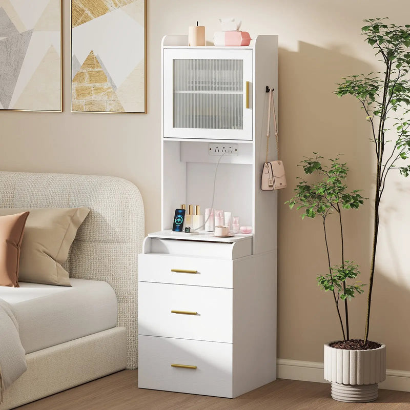 Makeup Vanity with Power Outlets and Flip-top Mirror and Storage Stool-White by DirectDeals