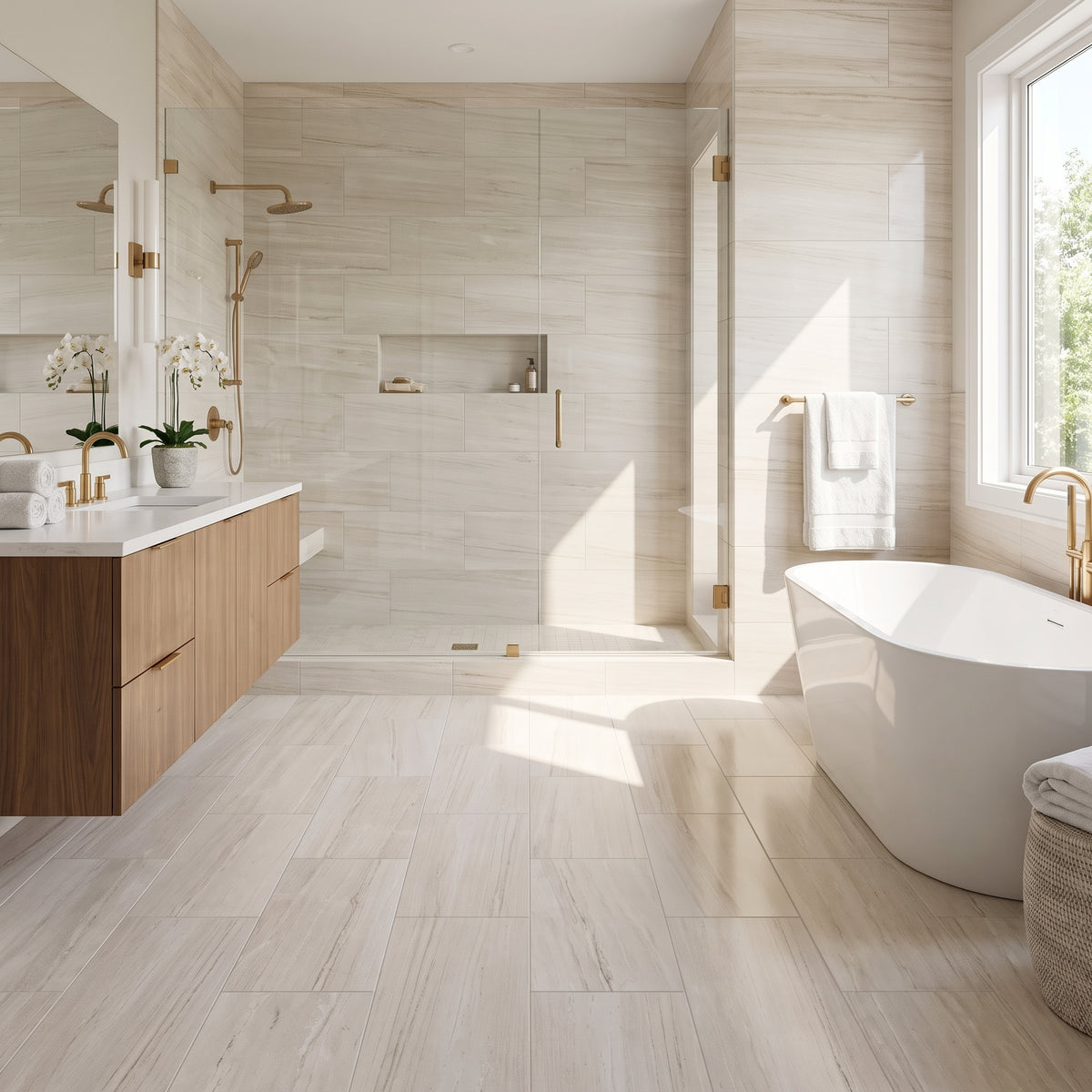 A bright, modern bathroom featuring light beige stone-look floor and wall tiles, a white freestanding bathtub with gold fixtures, a double-sink vanity, and a walk-in shower area.