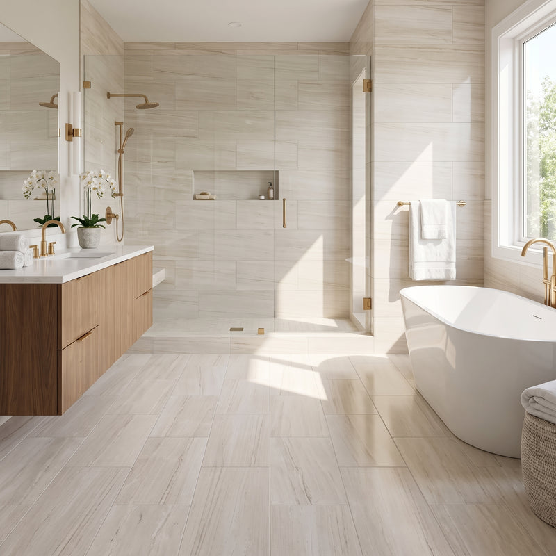A bright, modern bathroom featuring light beige stone-look floor and wall tiles, a white freestanding bathtub with gold fixtures, a double-sink vanity, and a walk-in shower area.