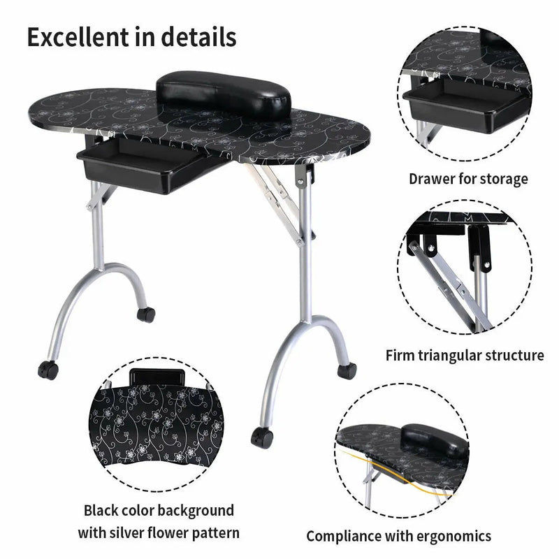 Foldable Manicure Table with Drawer and Wrist Cushion by DirectDeals