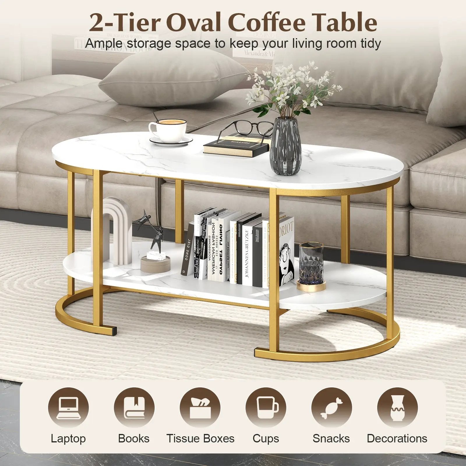 Marble Coffee Table with Open Storage Shelf by DirectDeals