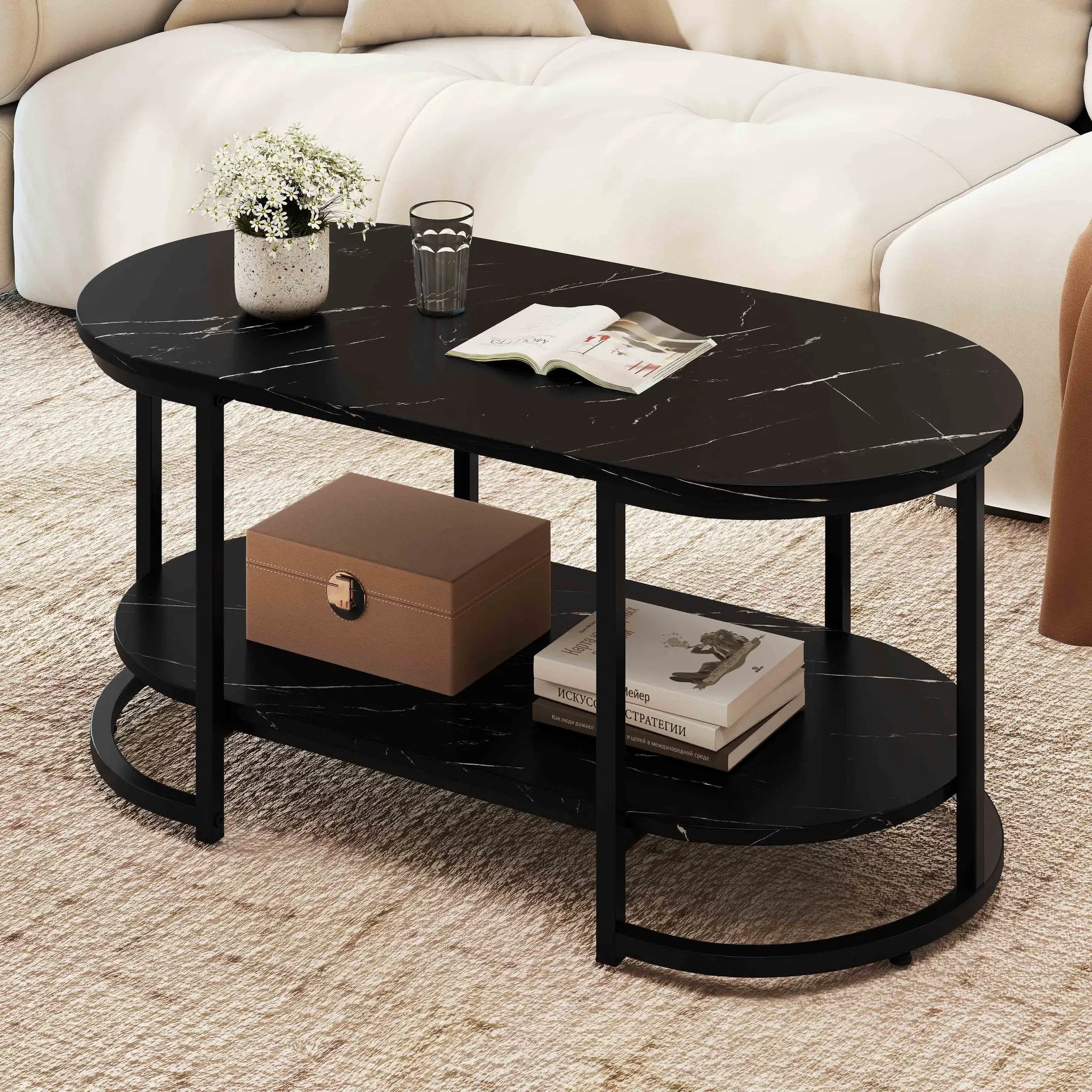 Marble Coffee Table with Open Storage Shelf by DirectDeals