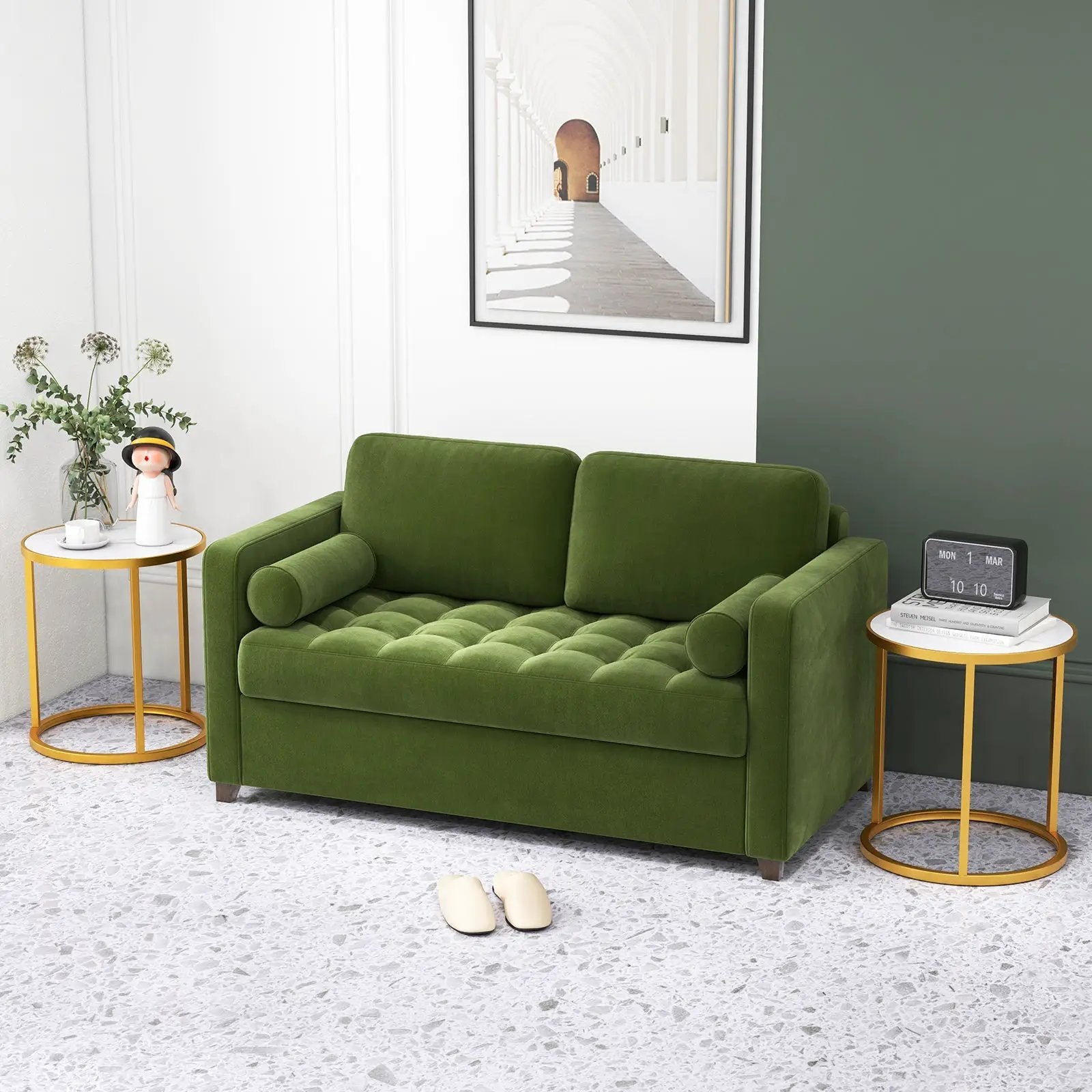 Marble Top Round Side Table 16-Inch End Table with Golden Metal Frame by DirectDeals