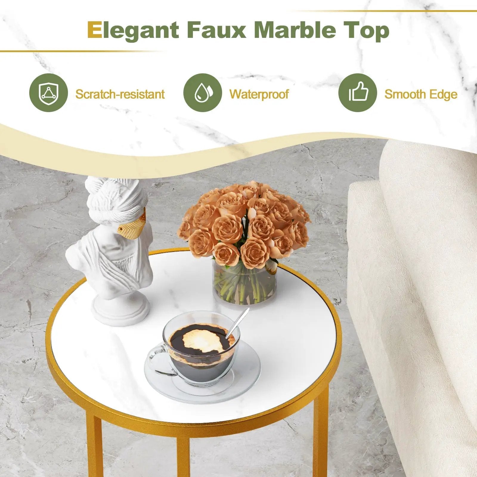 Marble Top Round Side Table 16-Inch End Table with Golden Metal Frame by DirectDeals