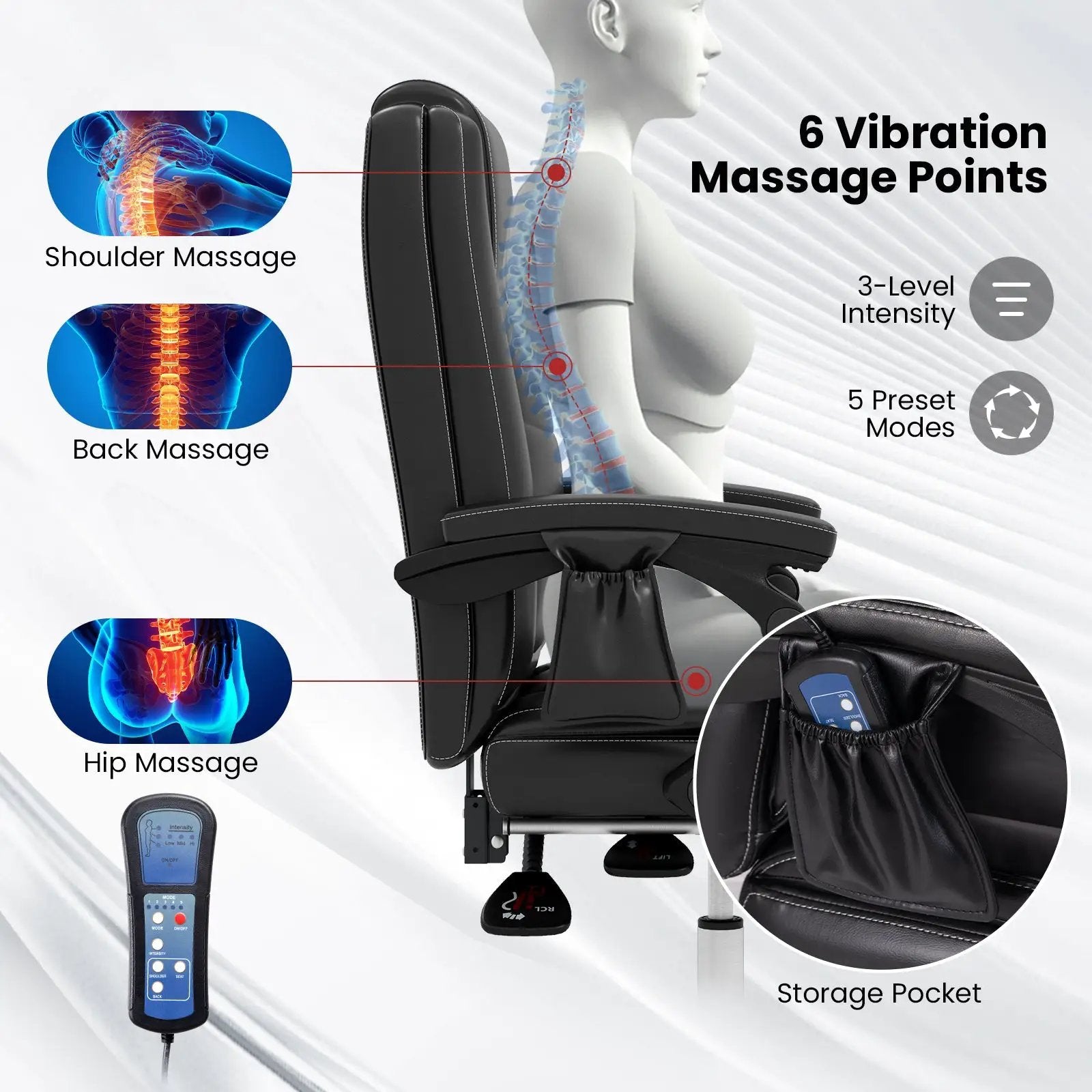 Massage Adjustable Executive Chair with Armrests and Retractable Footrest-Black by DirectDeals