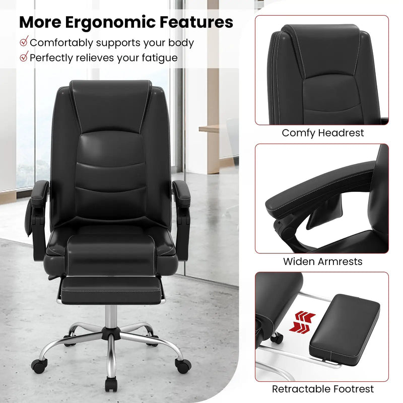 Massage Adjustable Executive Chair with Armrests and Retractable Footrest-Black by DirectDeals