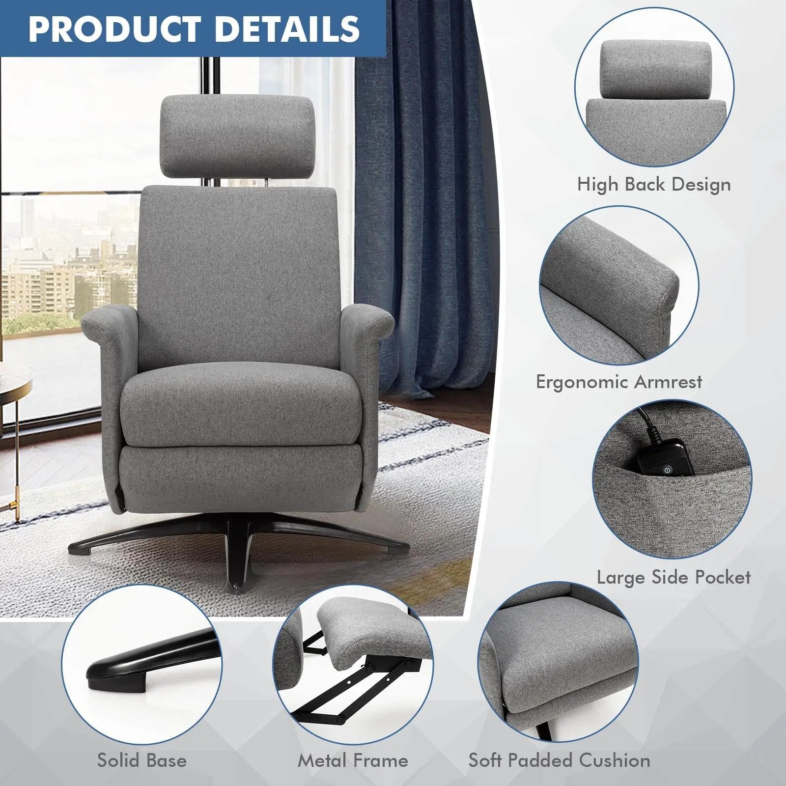 Swivel Massage Recliner Single Sofa with Adjustable Headrest-Gray by DirectDeals