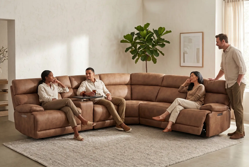 MaxView Media Mocha 6-Piece Power Reclining Sectional with Immersive Sound System by Ornate Furniture