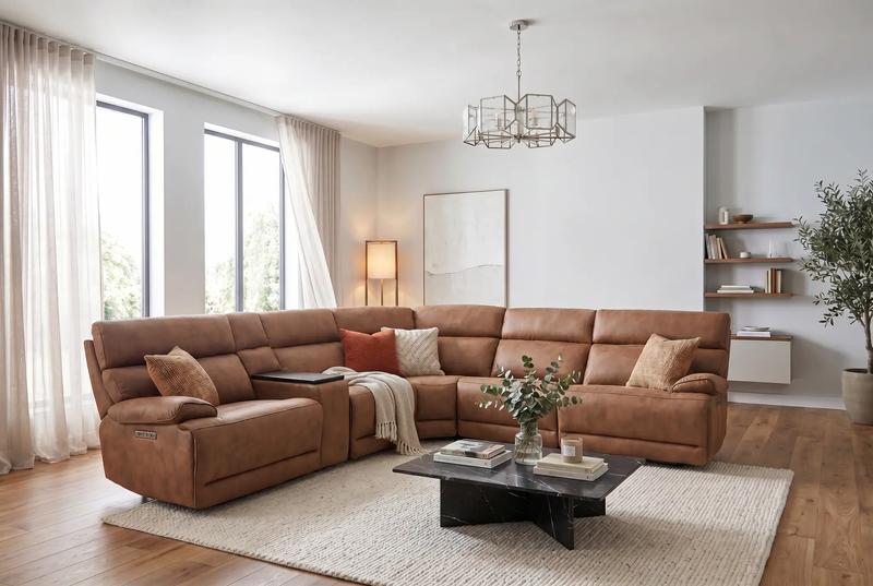 MaxView Media Mocha 6-Piece Power Reclining Sectional with Immersive Sound System by Ornate Furniture