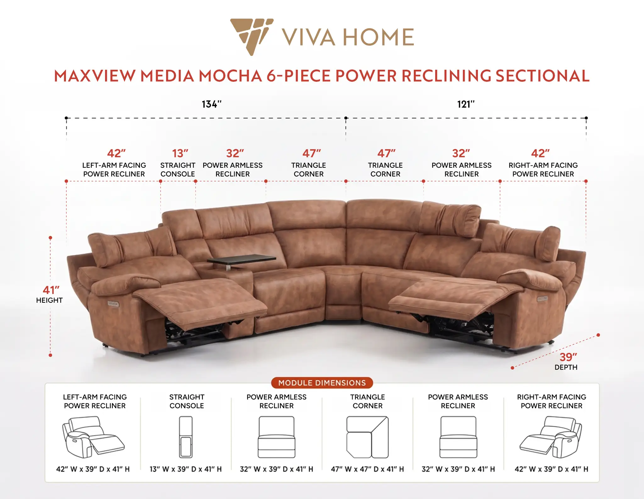 MaxView Media Mocha 6-Piece Power Reclining Sectional with Immersive Sound System by Ornate Furniture