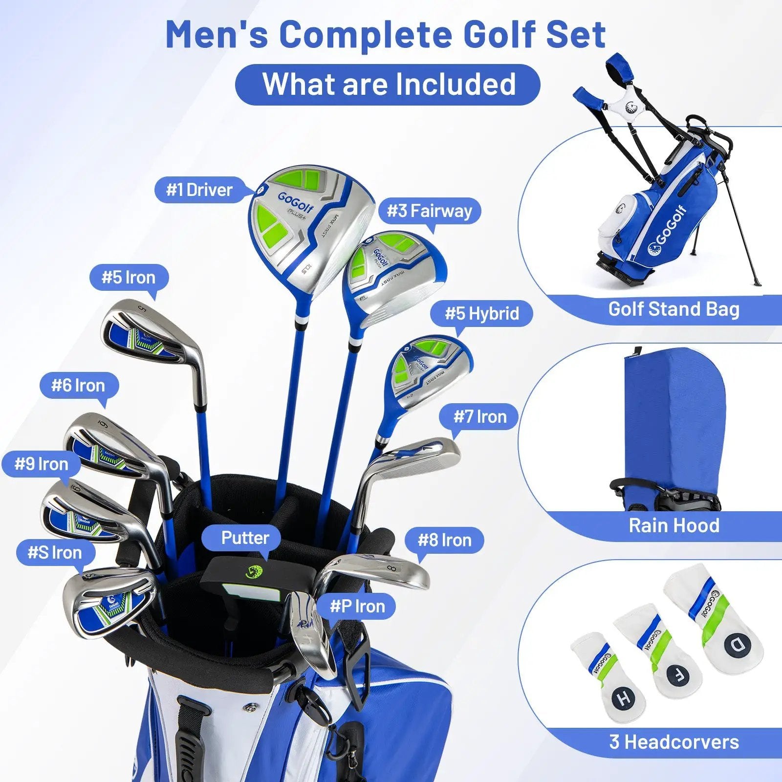 Men's Complete Golf Clubs and Bag Set with Headcovers and Putter-Blue by DirectDeals