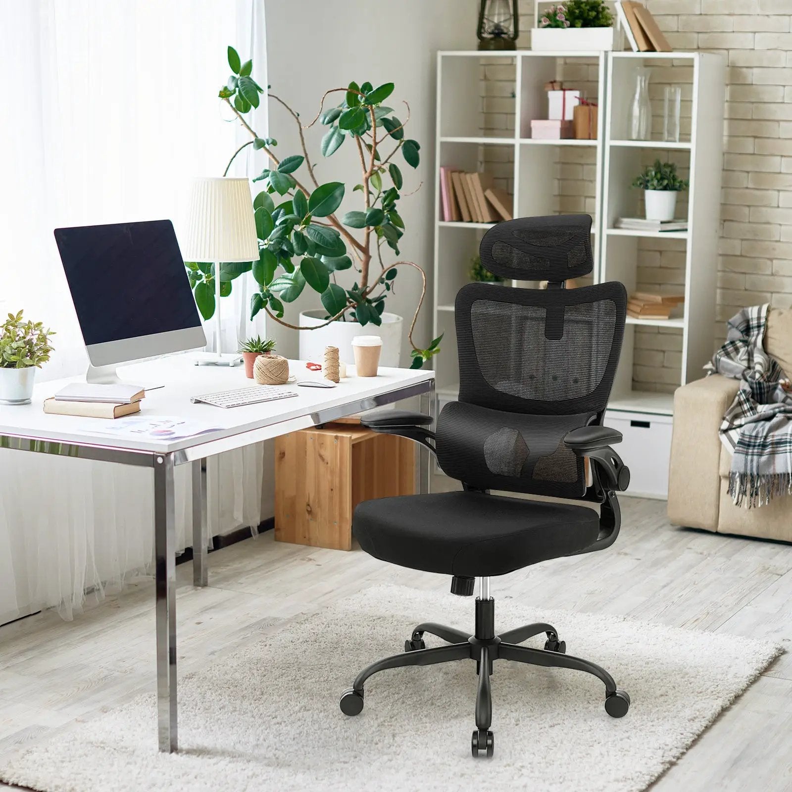 Mesh Office Chair with Adaptive Lumbar Support Flip-up Armrests Reclining Backrest-Black by DirectDeals