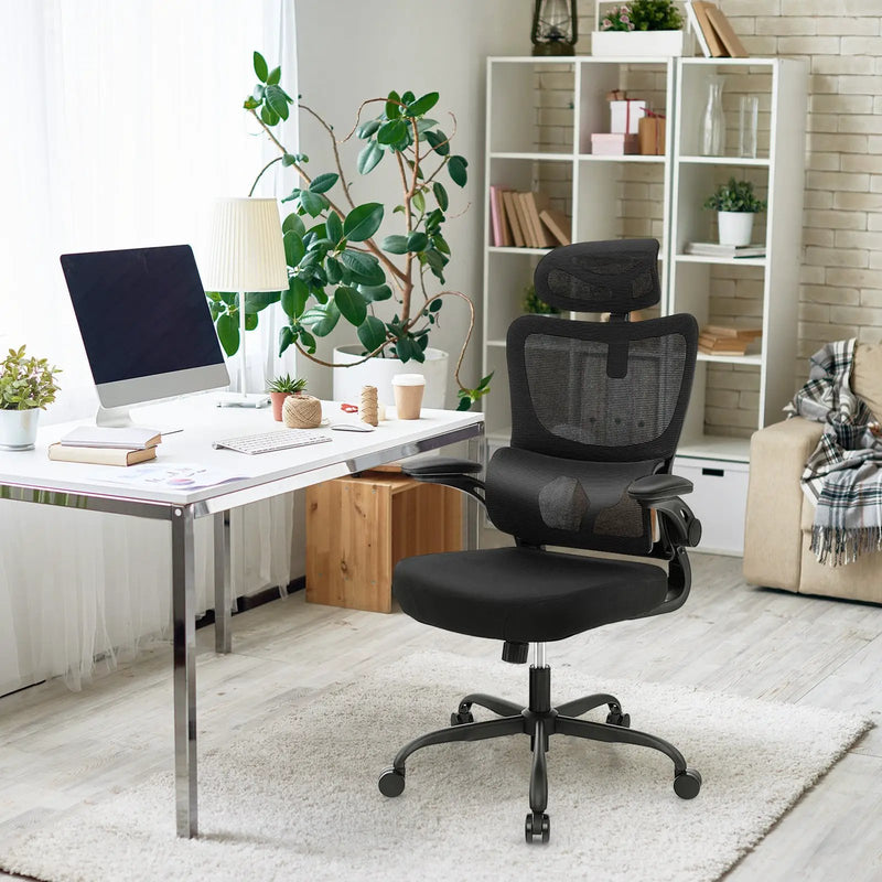 Mesh Office Chair with Adaptive Lumbar Support Flip-up Armrests Reclining Backrest-Black by DirectDeals