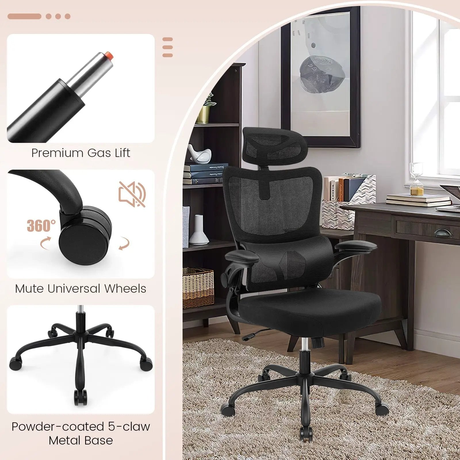 Mesh Office Chair with Adaptive Lumbar Support Flip-up Armrests Reclining Backrest-Black by DirectDeals