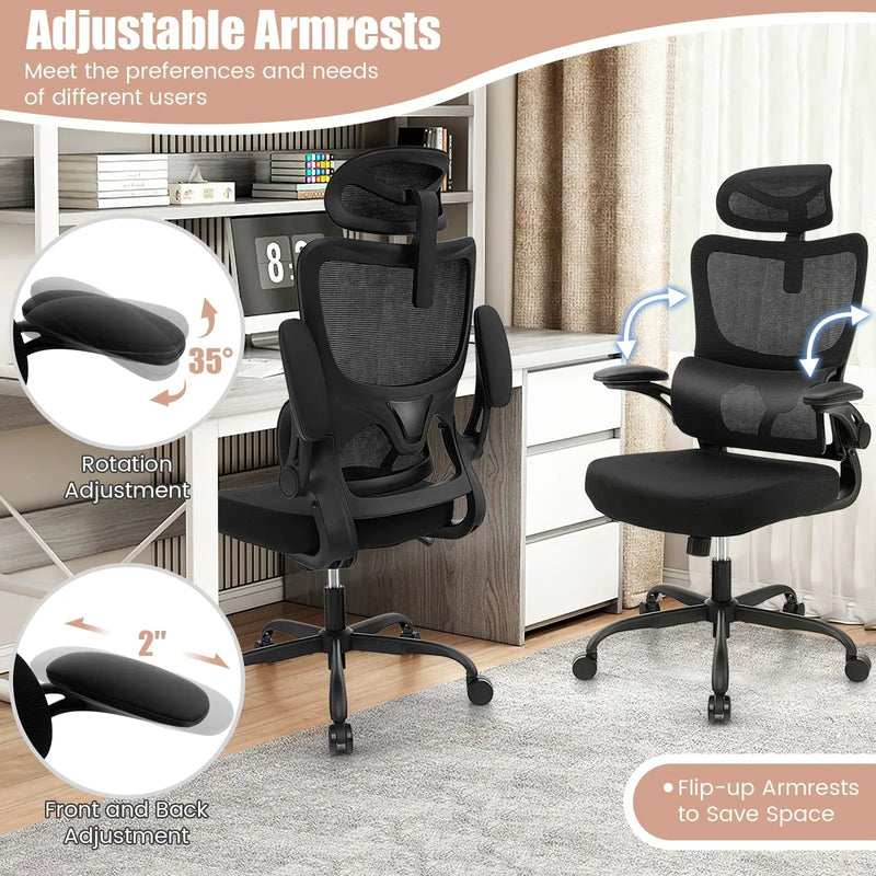 Mesh Office Chair with Adaptive Lumbar Support Flip-up Armrests Reclining Backrest-Black by DirectDeals