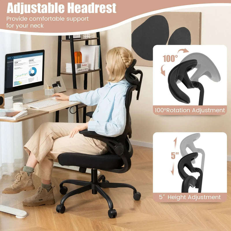 Mesh Office Chair with Adaptive Lumbar Support Flip-up Armrests Reclining Backrest-Black by DirectDeals