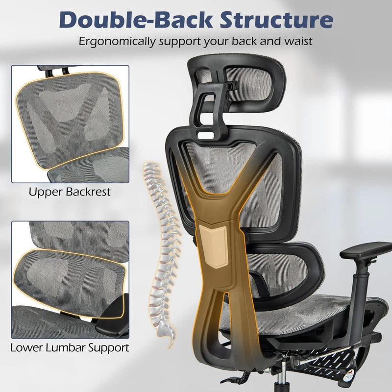 Mesh Office Chair with Tilting Backrest and Retractable Footrest-Gray by DirectDeals