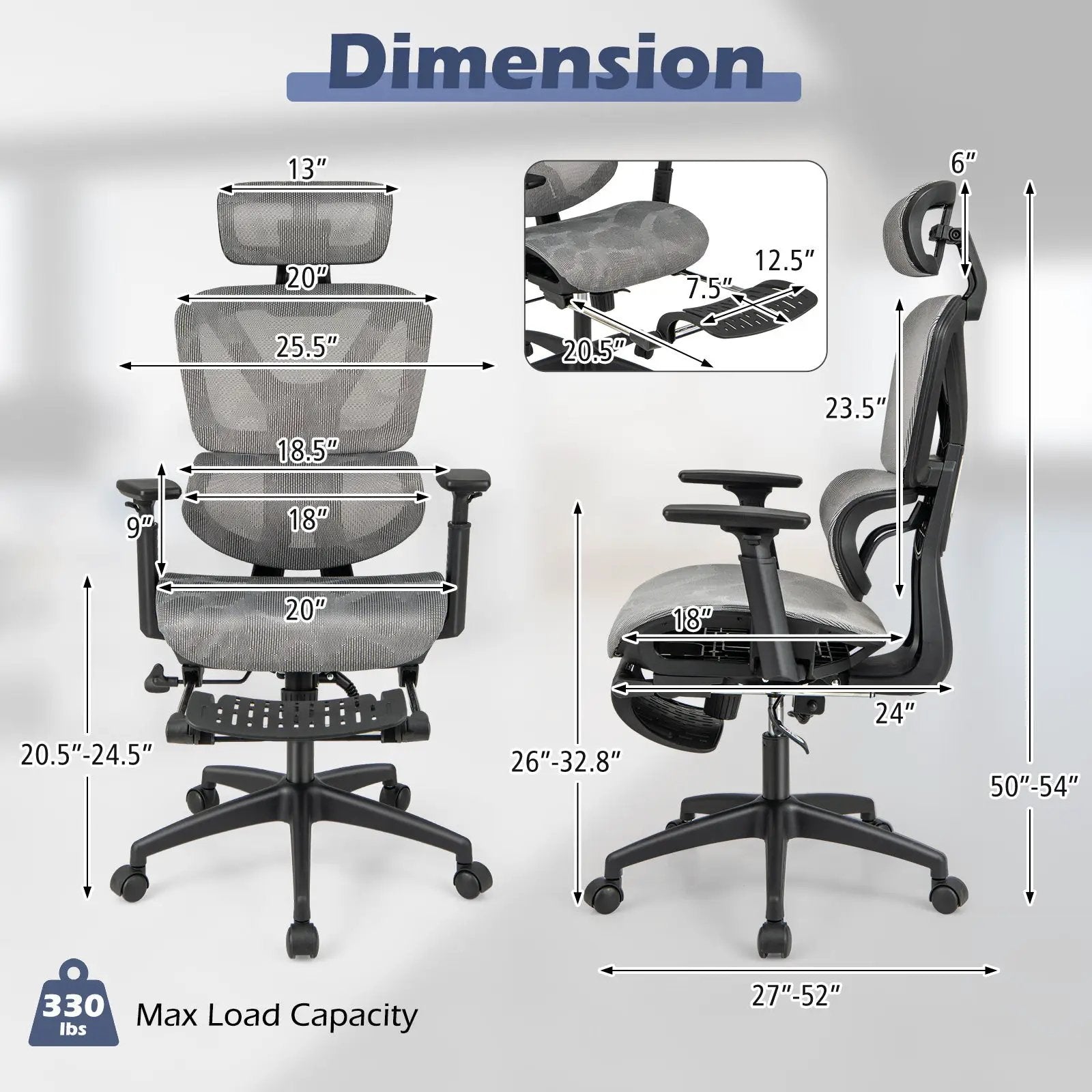 Mesh Office Chair with Tilting Backrest and Retractable Footrest-Gray by DirectDeals