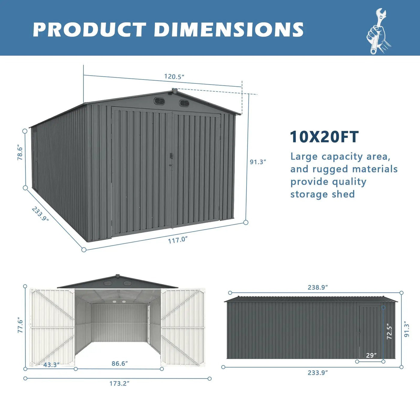 10'x20' Metal Shed with Double Front Doors & Side Entry Door by Chery Industrial