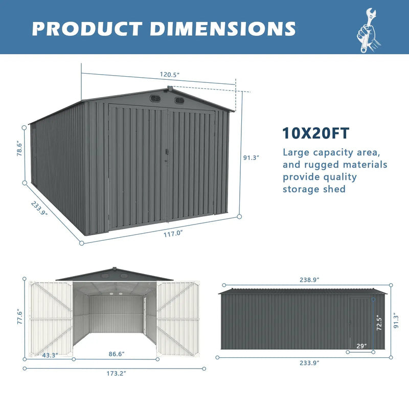10'x20' Metal Shed with Double Front Doors & Side Entry Door by Chery Industrial