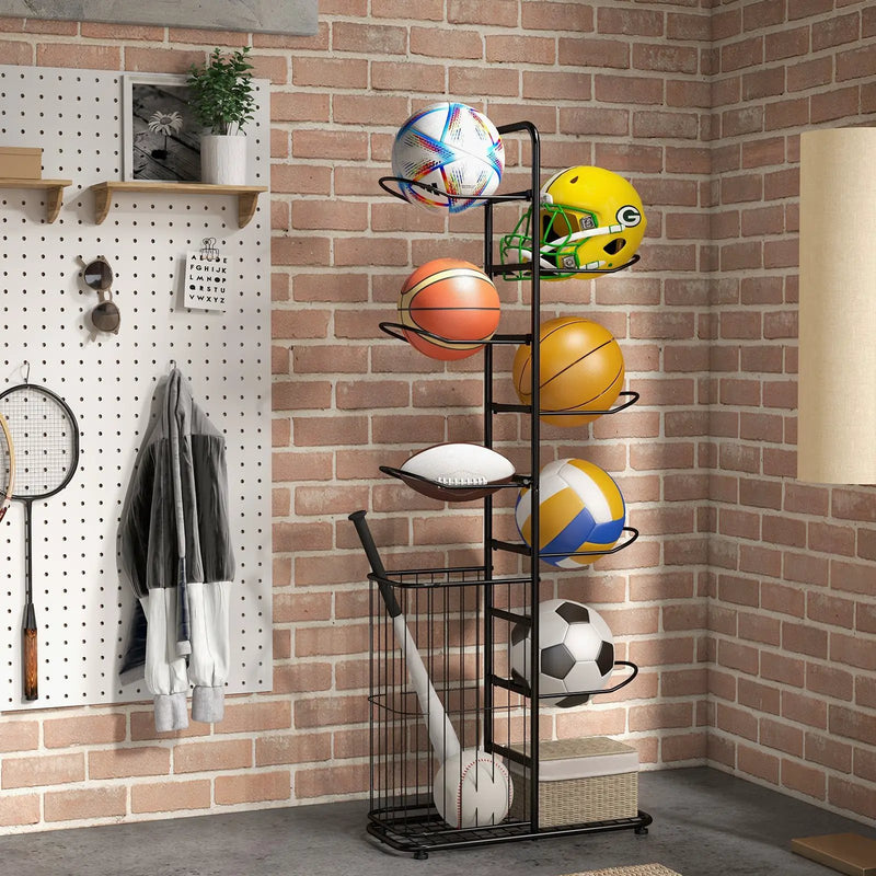 Metal Basketball Holder with 7 Removable Hanging Rods and Side Ball Basket by DirectDeals