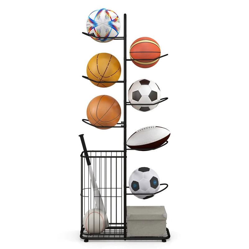 Metal Basketball Holder with 7 Removable Hanging Rods and Side Ball Basket by DirectDeals