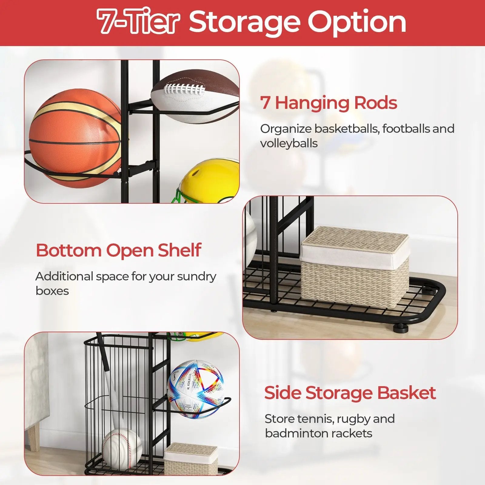 Metal Basketball Holder with 7 Removable Hanging Rods and Side Ball Basket by DirectDeals