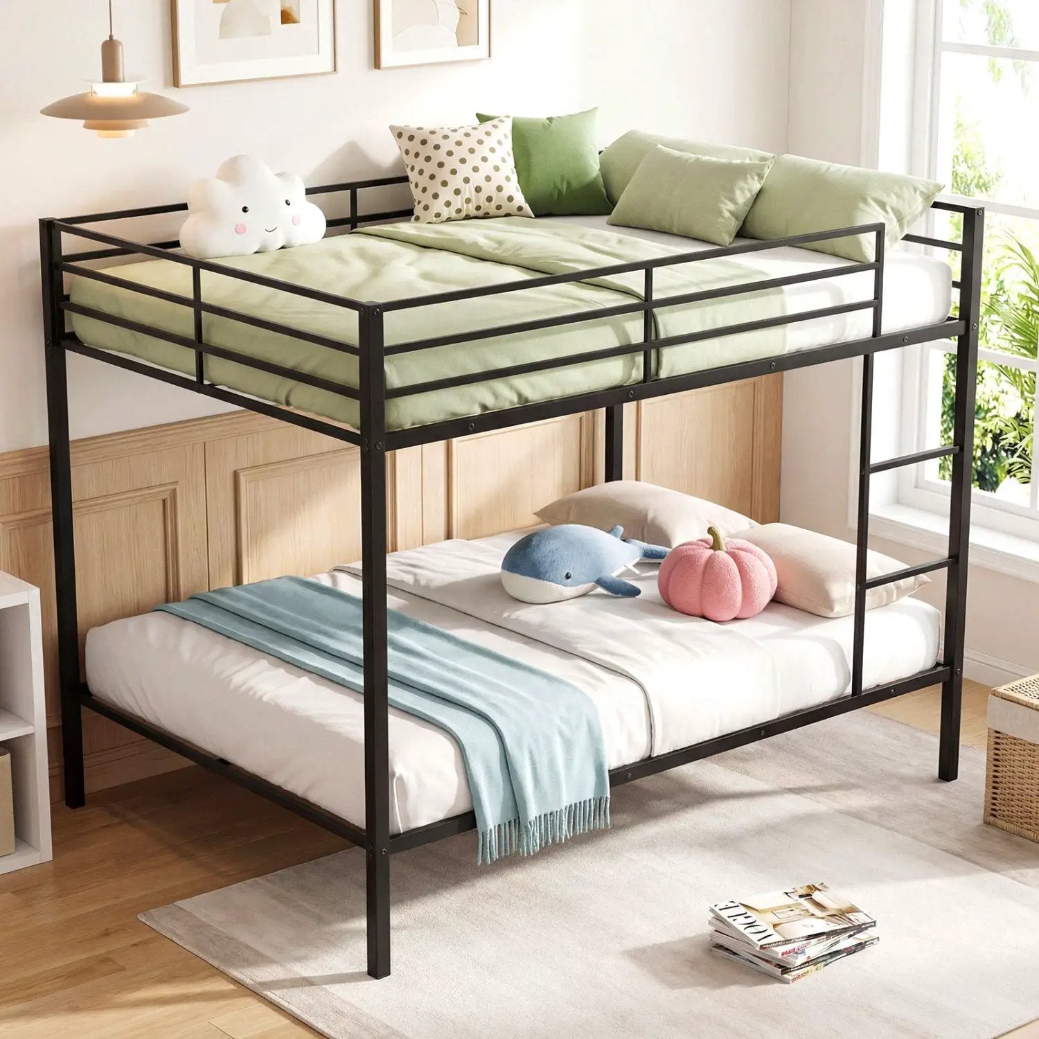 Metal Bunk Bed Full Over Full with Length Safety Guardrail-Black by DirectDeals
