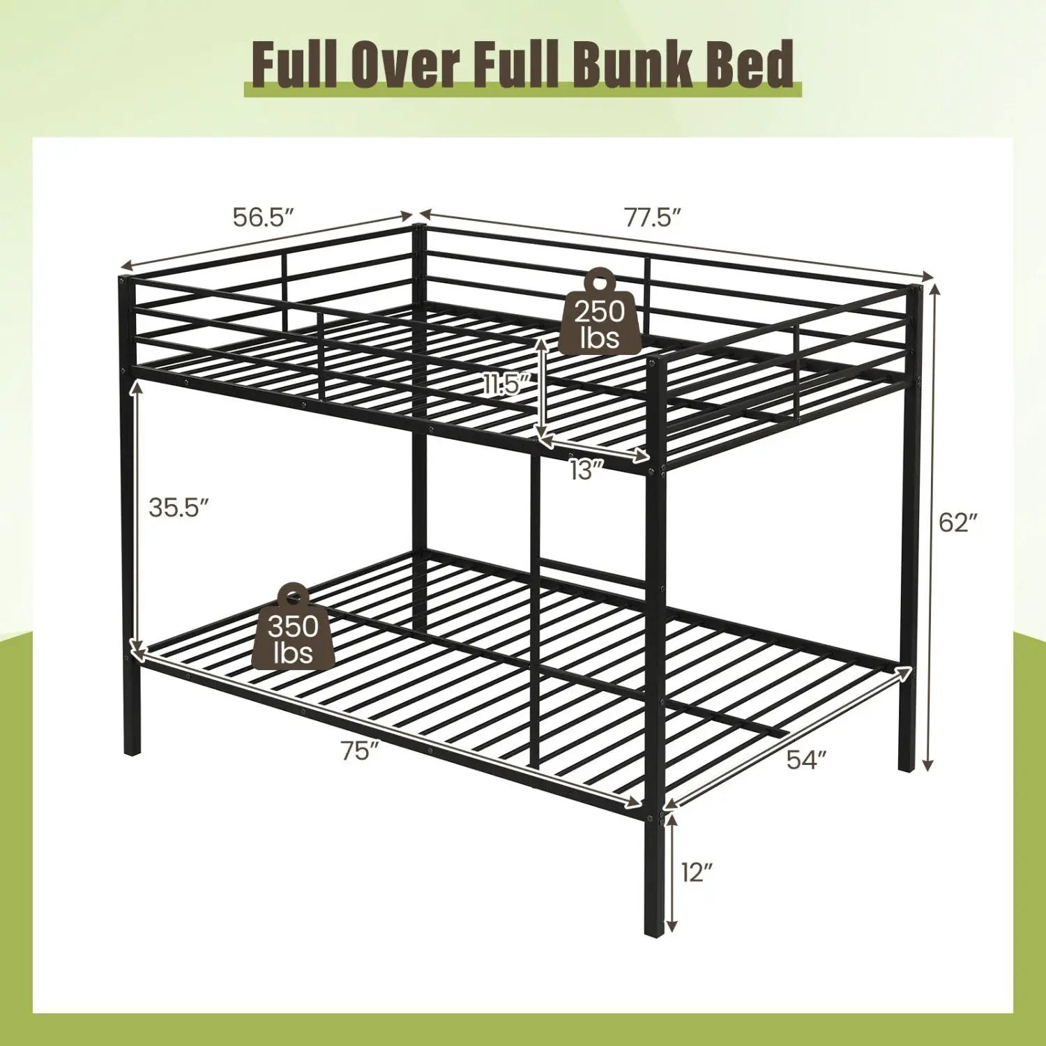 Metal Bunk Bed Full Over Full with Length Safety Guardrail-Black by DirectDeals