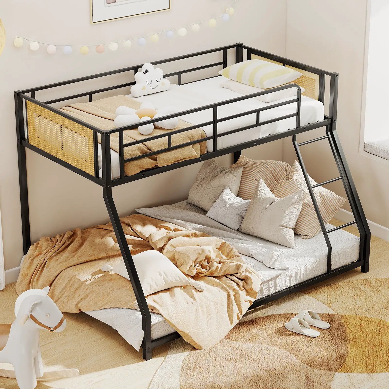 Metal Bunk Bed Twin Over Full with Full Length Safety Guardrail and Ramp Ladder by DirectDeals