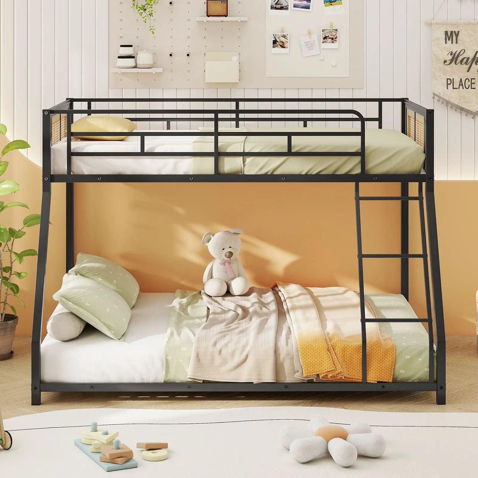 Metal Bunk Bed Twin Over Full with Full Length Safety Guardrail and Ramp Ladder by DirectDeals