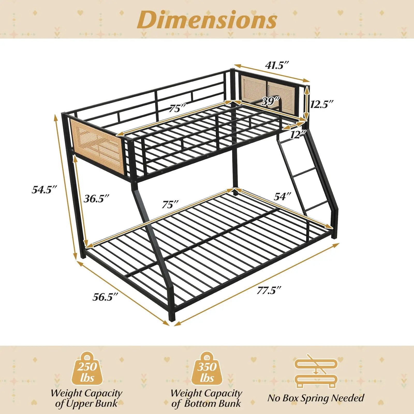 Metal Bunk Bed Twin Over Full with Full Length Safety Guardrail and Ramp Ladder by DirectDeals