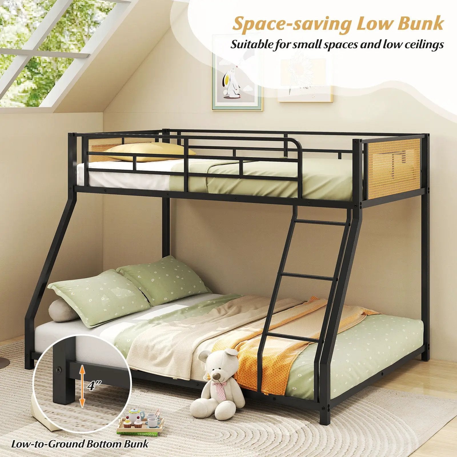 Metal Bunk Bed Twin Over Full with Full Length Safety Guardrail and Ramp Ladder by DirectDeals