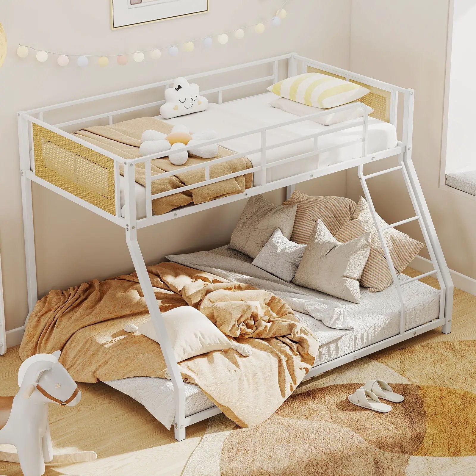 Metal Bunk Bed Twin Over Full with Full Length Safety Guardrail and Ramp Ladder by DirectDeals