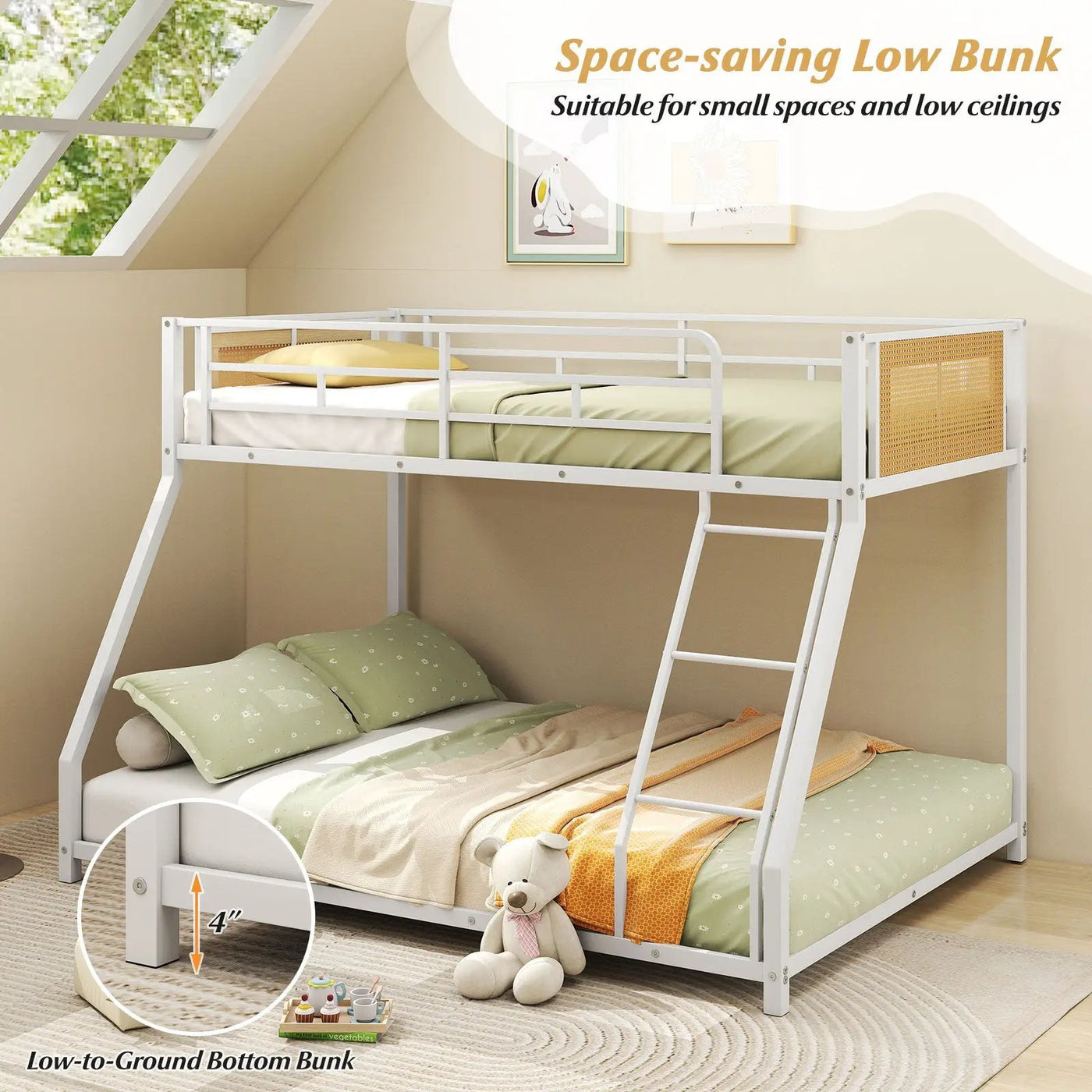 Metal Bunk Bed Twin Over Full with Full Length Safety Guardrail and Ramp Ladder by DirectDeals