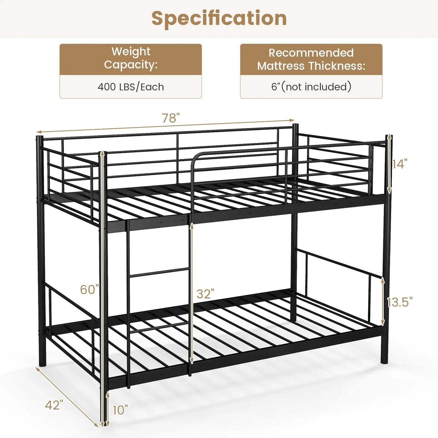 Metal Bunk Bed with Ladder and Full-length Guardrails by DirectDeals