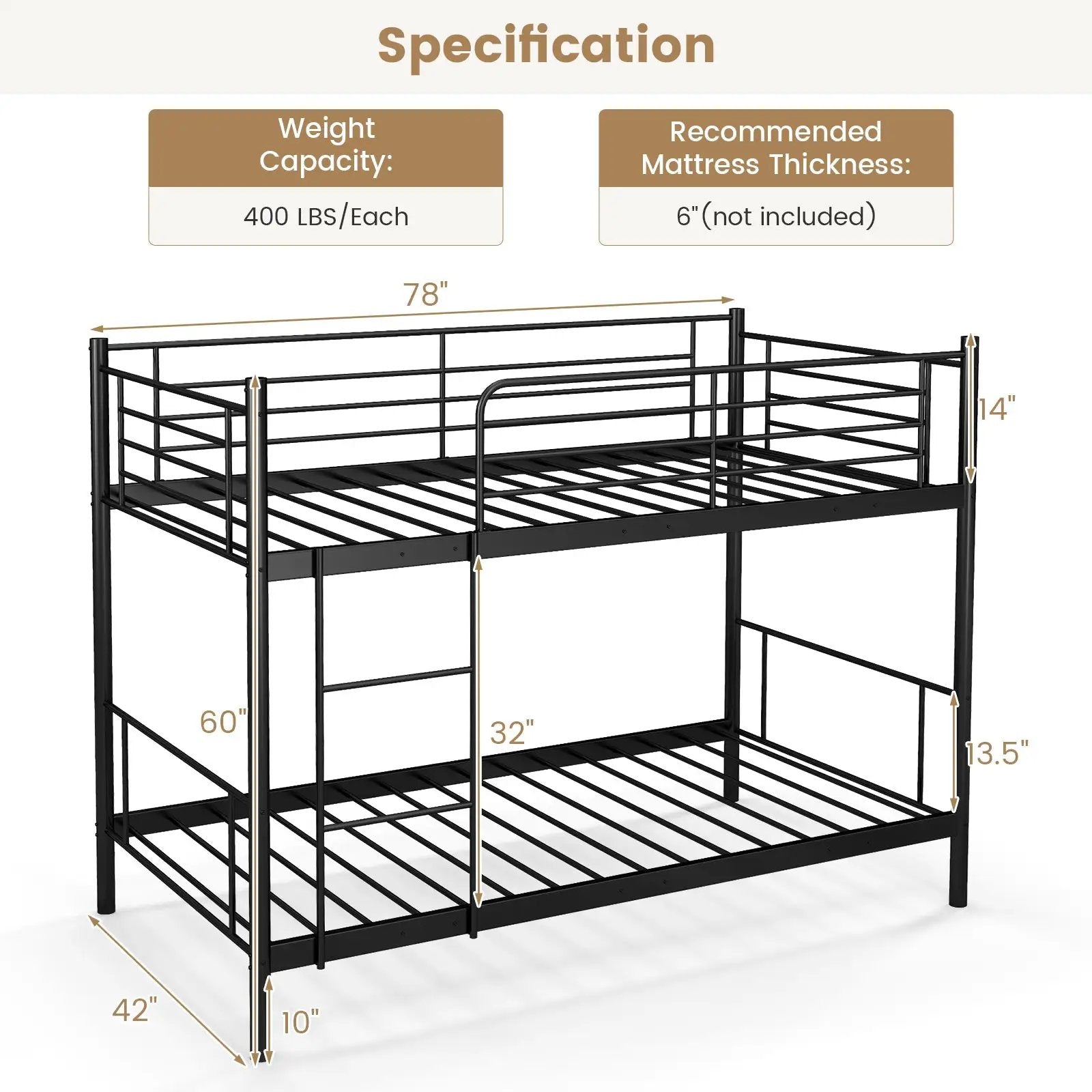 Metal Bunk Bed with Ladder and Full-length Guardrails by DirectDeals