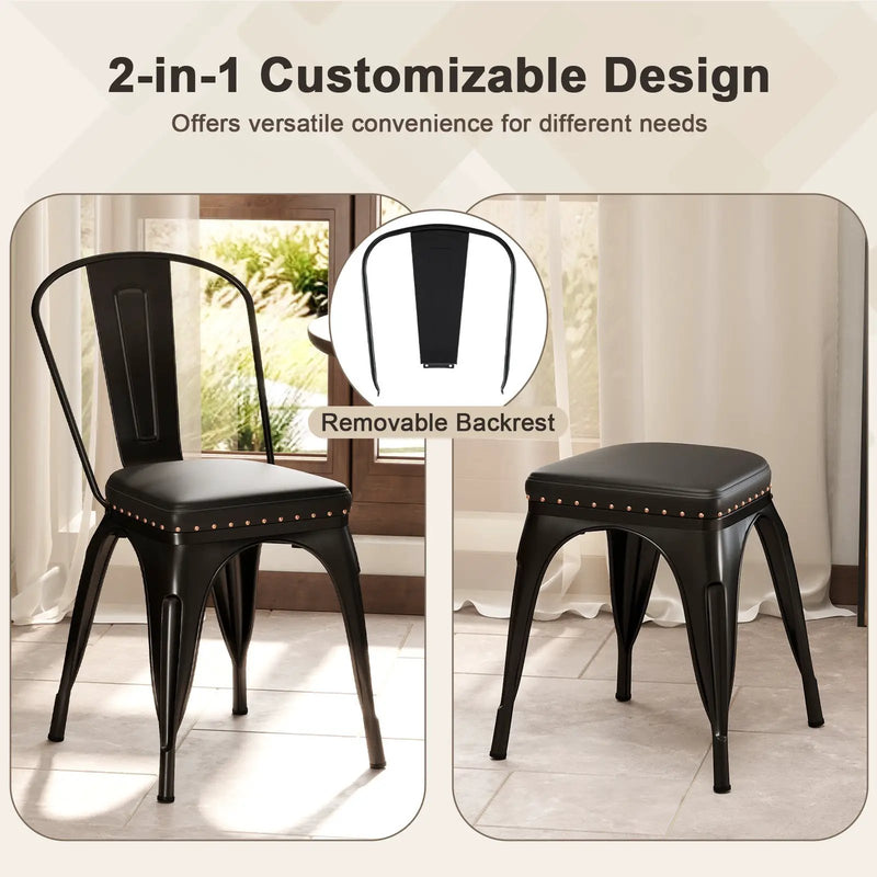 Metal Dining Chair Set of 4 Stackable Kitchen Chairs with Removable Backs and PU Leather Cushioned Seat-Black by DirectDeals
