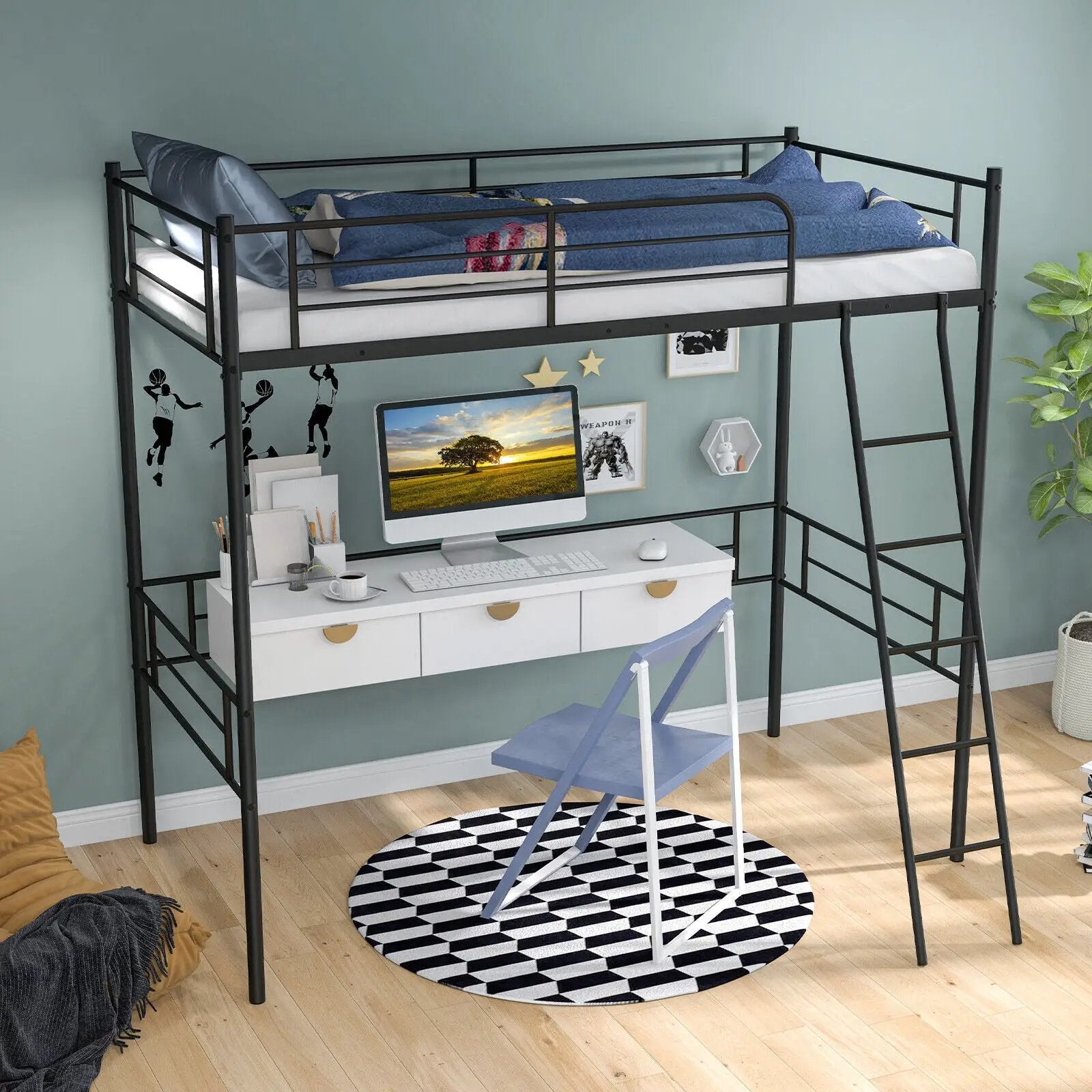 Metal Loft Twin Bed Frame Single High Loft Bed-Black by DirectDeals