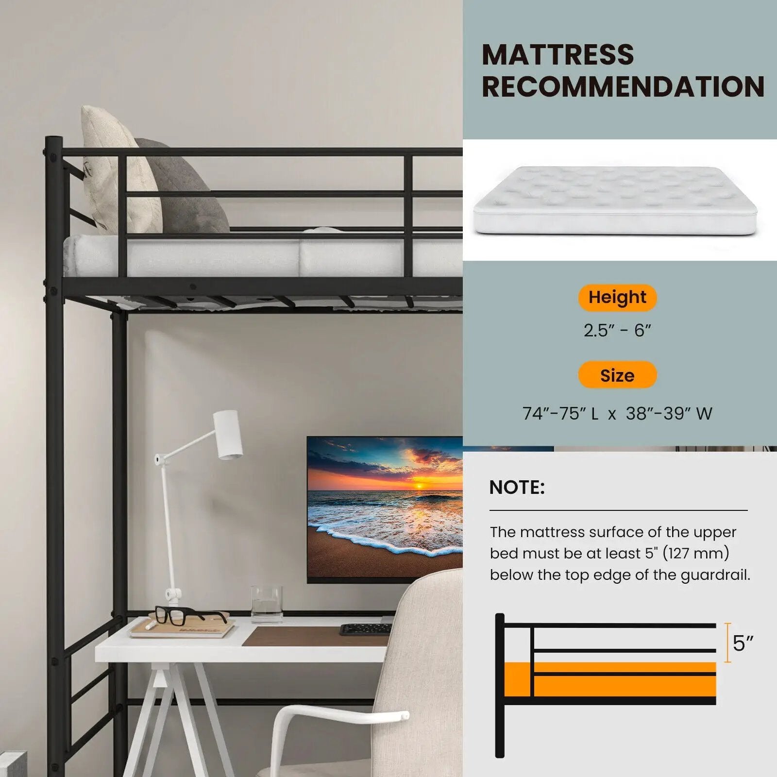 Metal Loft Twin Bed Frame Single High Loft Bed-Black by DirectDeals