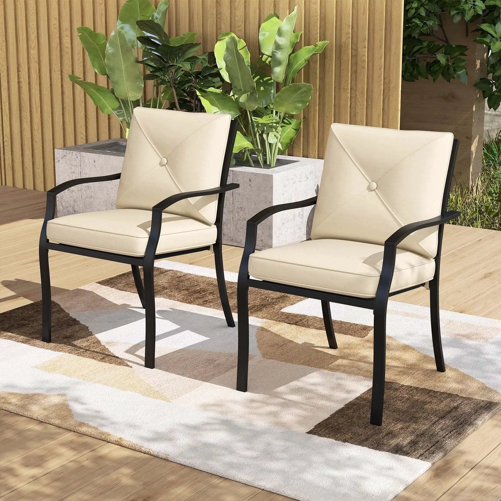 Metal Outdoor Dining Chair Set of 2 Stackable Patio Chairs with Armrests-Beige by DirectDeals