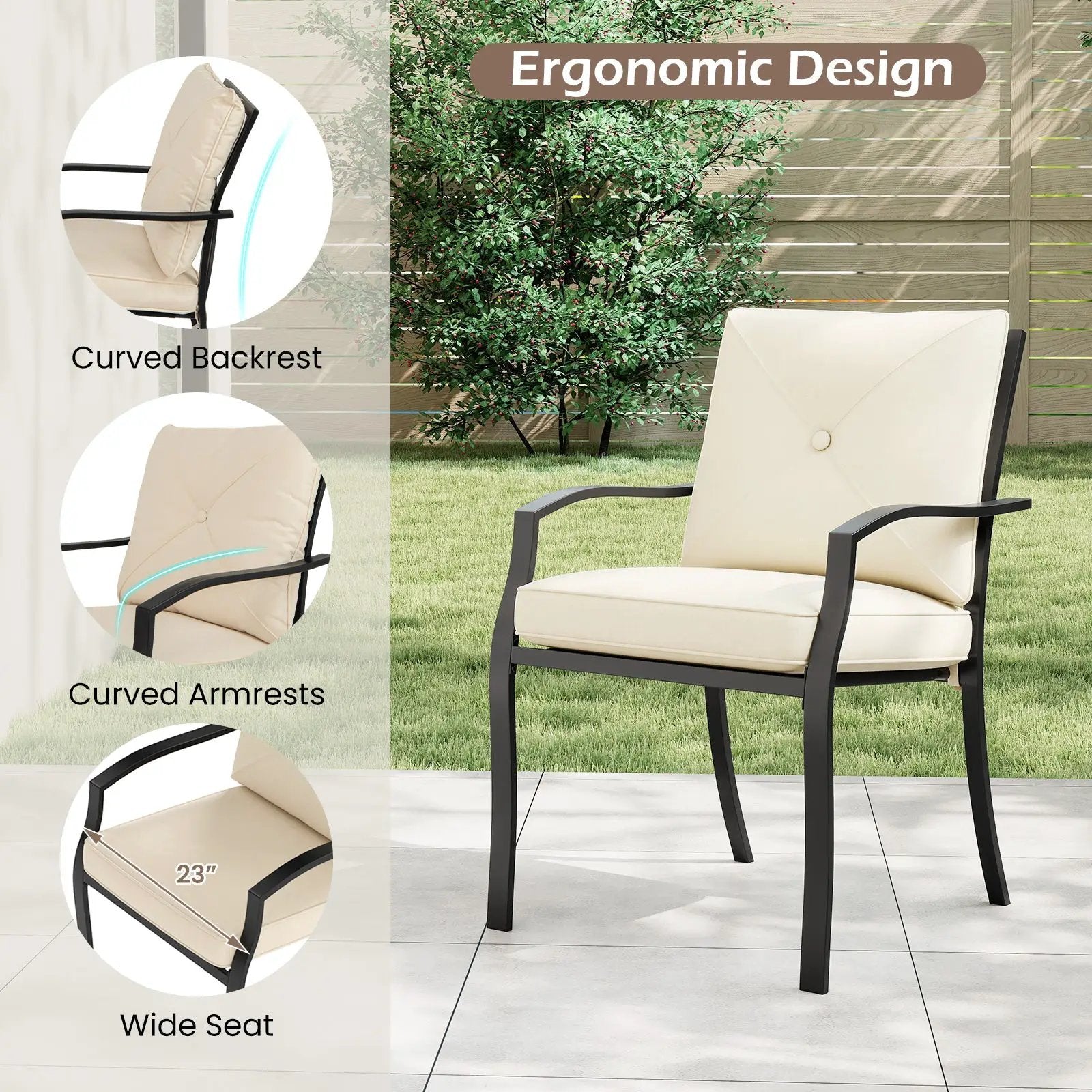Metal Outdoor Dining Chair Set of 2 Stackable Patio Chairs with Armrests-Beige by DirectDeals