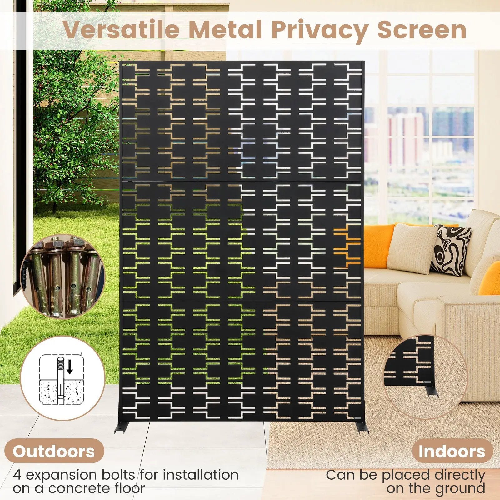 Metal Privacy Screen 72 x 48 Inch Freestanding Fence Panel Indoor Outdoor-Black by DirectDeals