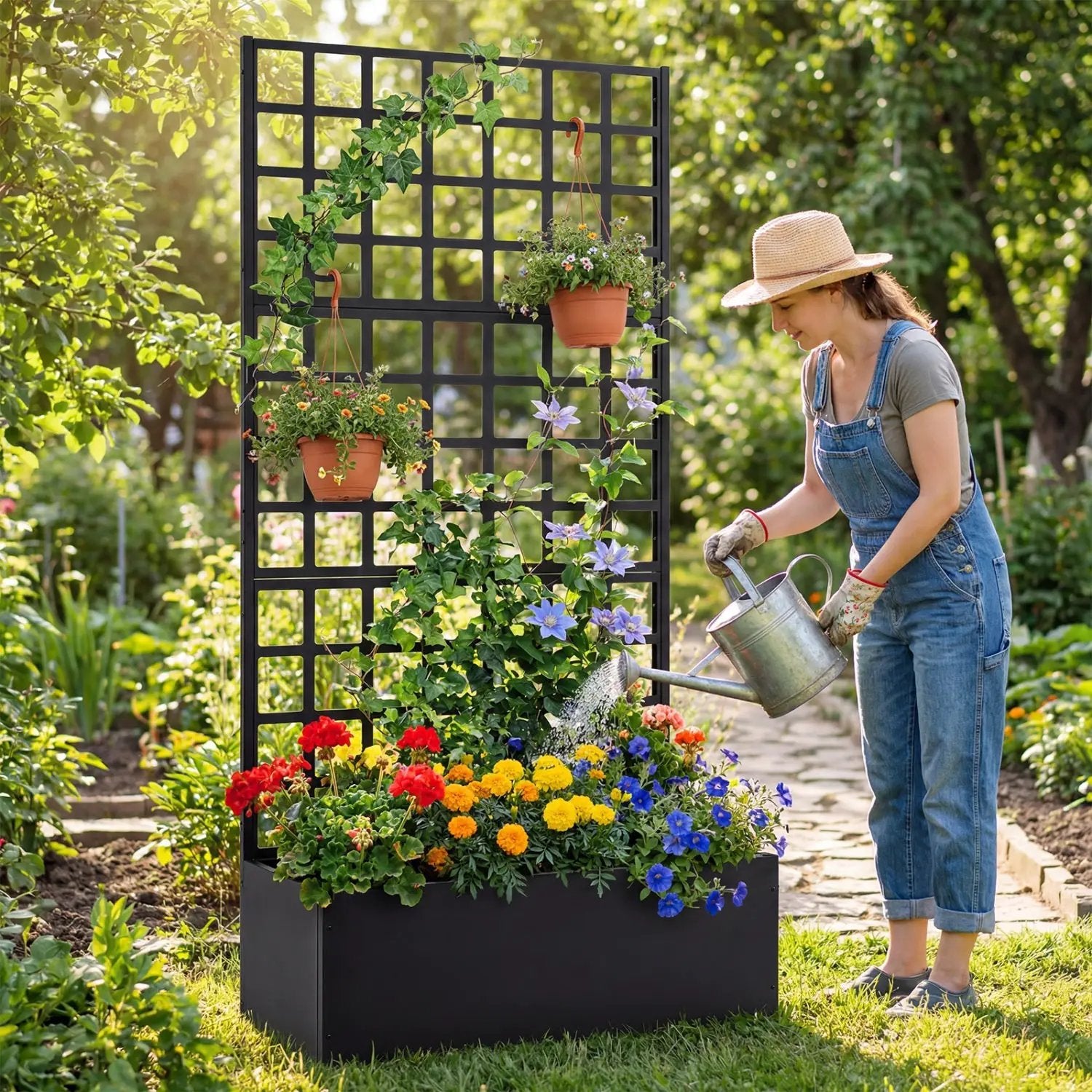 Metal Raised Garden Bed with Trellis and Drainage Holes for Climbing Plants by DirectDeals