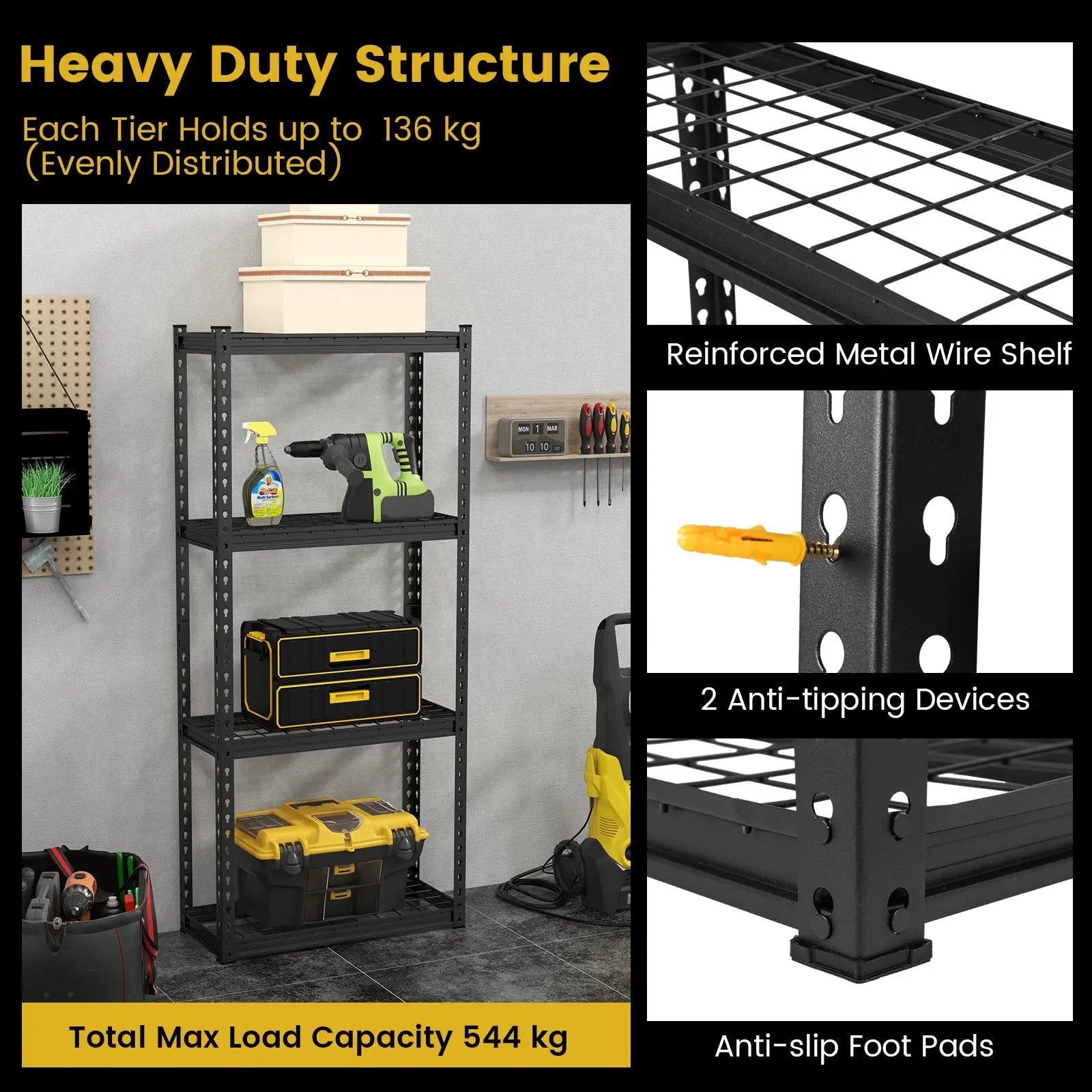 4-Tier Metal Shelving Unit with Anti-slip Foot Pad and Anti-tipping Device by DirectDeals