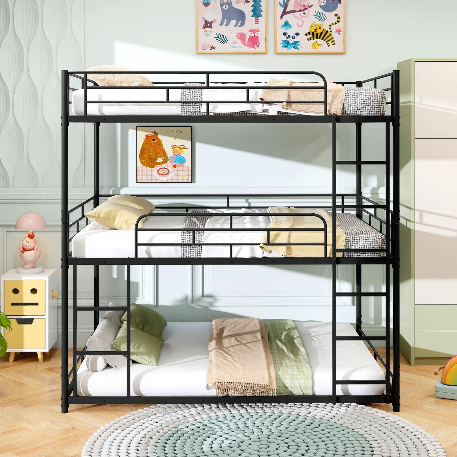Metal Triple Bunk Bed with Safety Guardrails and 2 Ladders-Black by DirectDeals