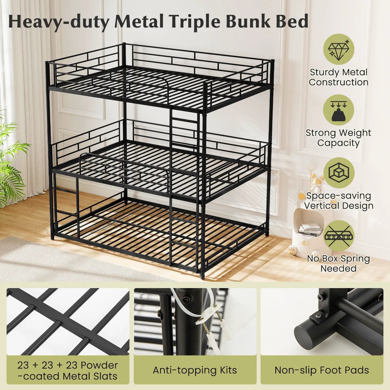 Metal Triple Bunk Bed with Safety Guardrails and 2 Ladders-Black by DirectDeals