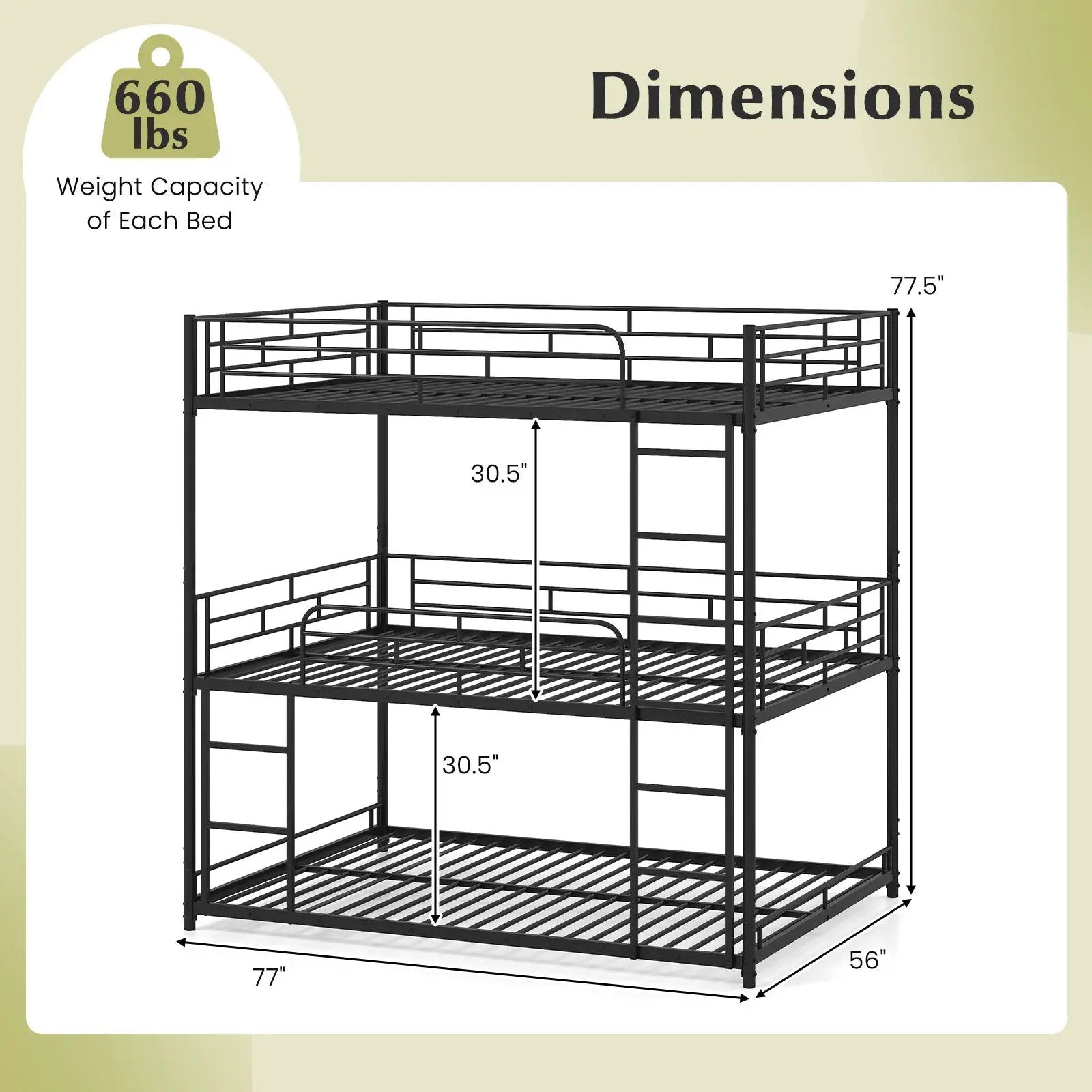 Metal Triple Bunk Bed with Safety Guardrails and 2 Ladders-Black by DirectDeals