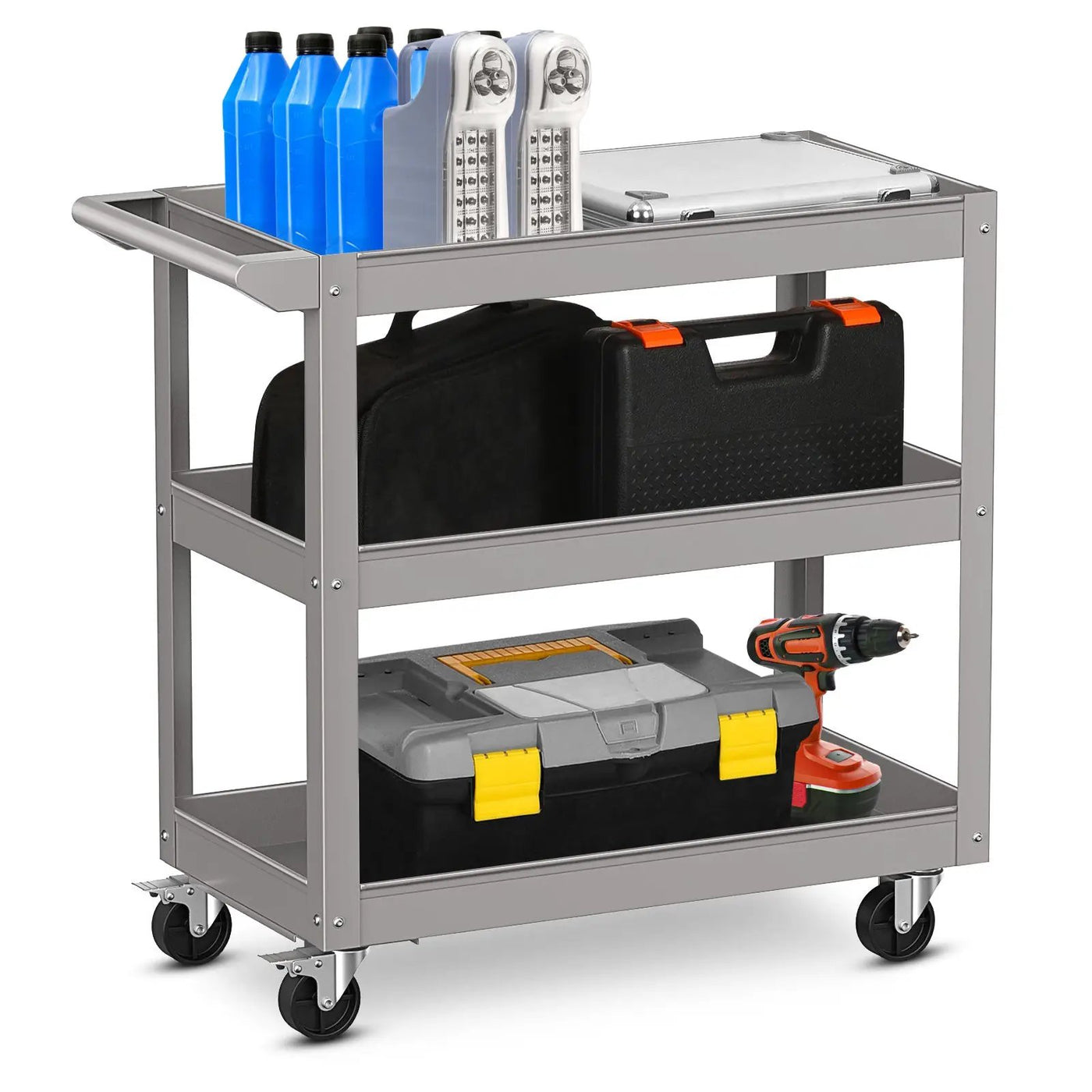 3-Tier Metal Utility Cart Trolley Tool with Flat Handle and 2 Lockable Universal Wheels by DirectDeals